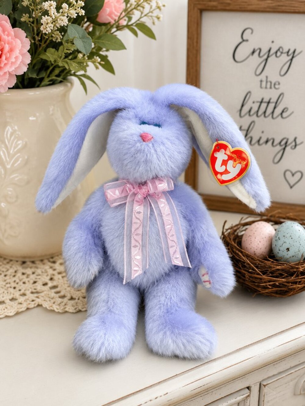 TY Attic Treasures Azalea Bunny Rabbit Plush 8" Blue Pink Ribbon Stuffed Animal